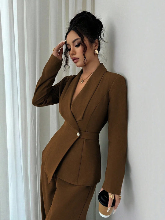 Damen nan taillierter Businessblazer mit Schalkragen, Gürtelbund und Ein-Knopf-Verschluss Shop Nory