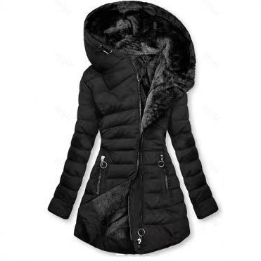 Damen Taillierter Steppmantel mit Oversize-Kapuze, kuscheligem Teddyfutter und Zierringen am Reißverschluss Shop Nory
