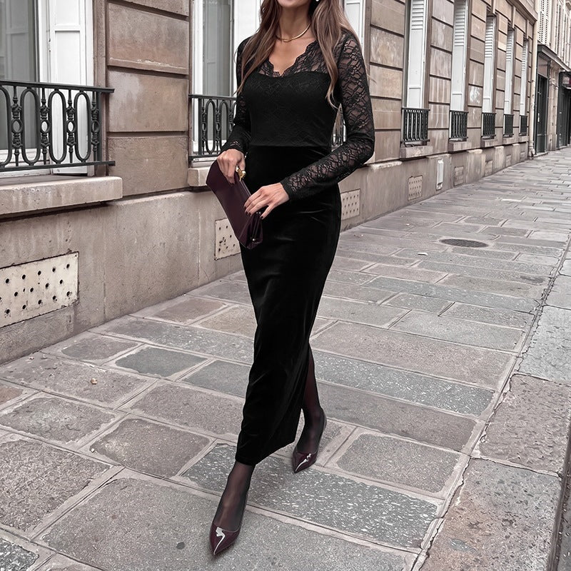 Damen Abendkleid mit transparenten Spitzenärmeln, Samtrock und Illusions‑Herzausschnitt Shop Nory