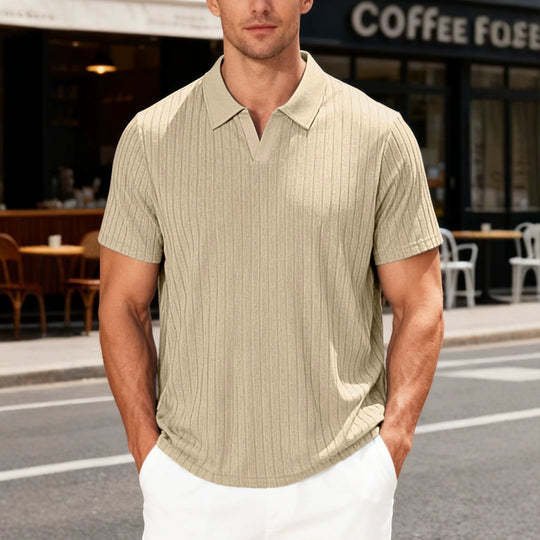 Herren Geripptes Kurzarm-Polohemd mit V-Ausschnitt und offener Kragenpartie Shop Nory