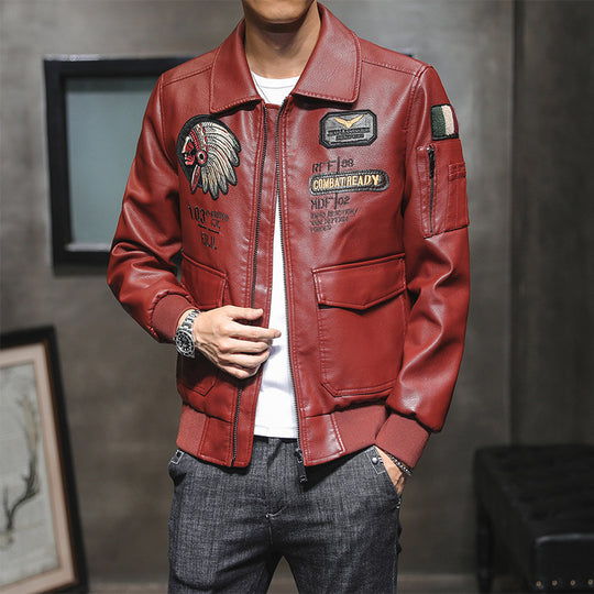 Herren Bomberjacke im Piloten-Look aus Lederimitat mit aufgesetzten Patches und Multifunktions-Taschen Shop Nory