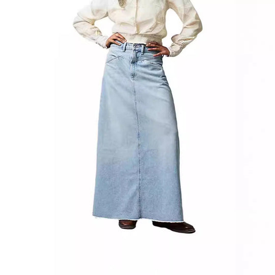 Damen Langer Denim-Rock mit hohem Bund und praktischen Taschen