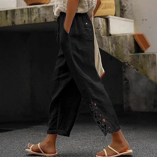Damen luftige Leinenhose mit dekorativen Stickereien