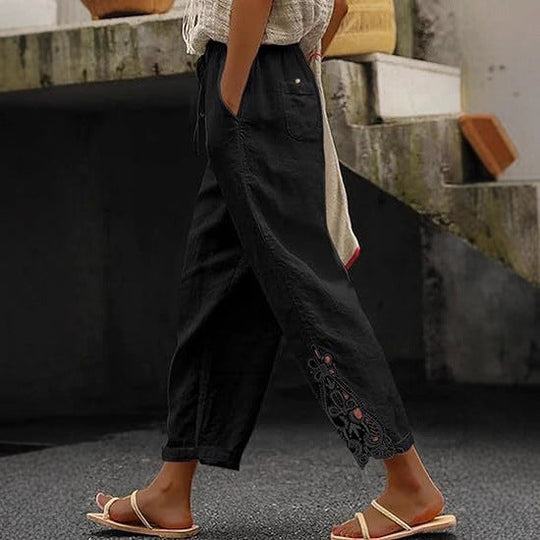 Damen luftige Leinenhose mit dekorativen Stickereien
