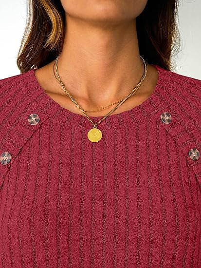 Damen Gerippter Rundhals-Pullover mit dekorativen Schulterknöpfen Shop Nory