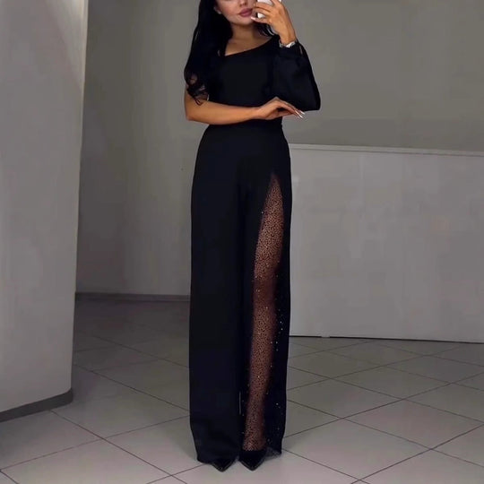 Asymmetrischer einseitiger Damen-Jumpsuit mit Paillettenpanel