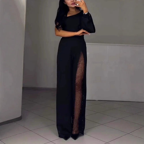 Asymmetrischer einseitiger Damen-Jumpsuit mit Paillettenpanel