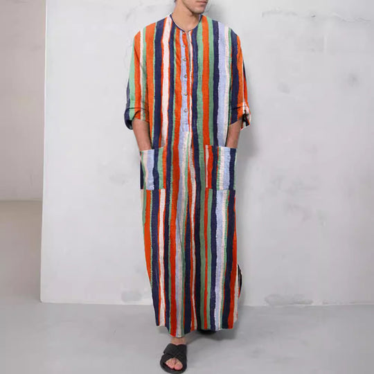 Herren nan lockerer Kaftan aus Leinenmischung mit Knopfleiste und aufgesetzten Taschen
