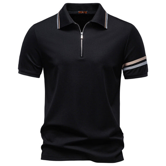 Herren nan atmungsaktives elastisches Poloshirt mit kurzem Reißverschluss und Kontraststreifen an Ärmeln