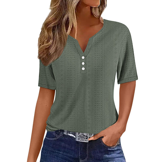 Damen Kurzarm Bluse mit Knopfdetails und feiner Lochmusterstruktur