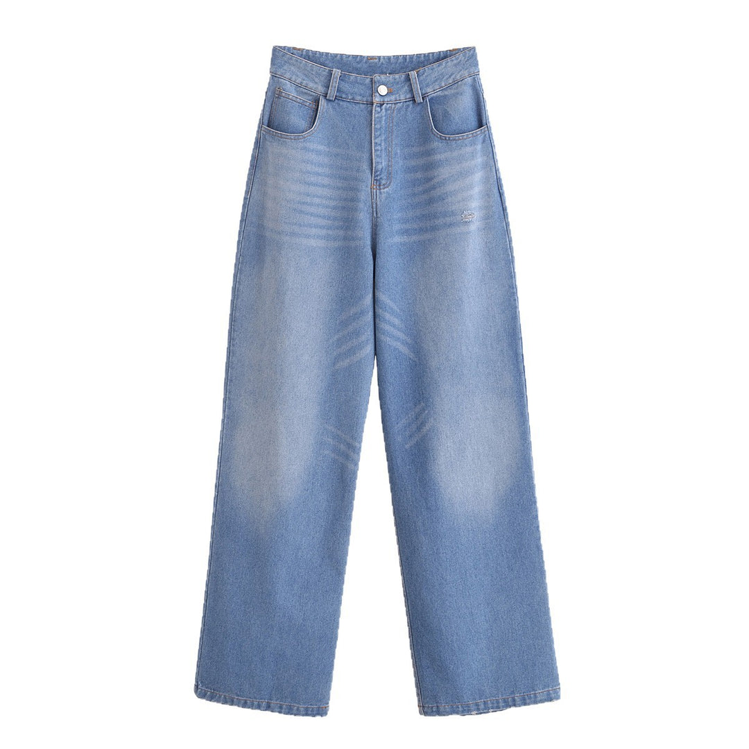 Damen High-Waist-Jeanshose mit weitem Bein, geradem Saum und dezenter Used‑Optik Shop Nory