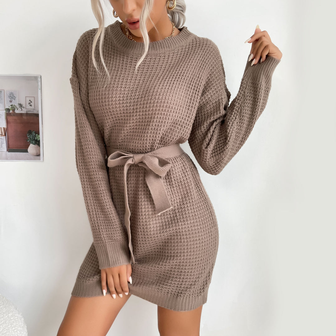 Damen Waffelstrick-Minikleid mit Tunnelzug-Taillengürtel und geripptem Saum Shop Nory