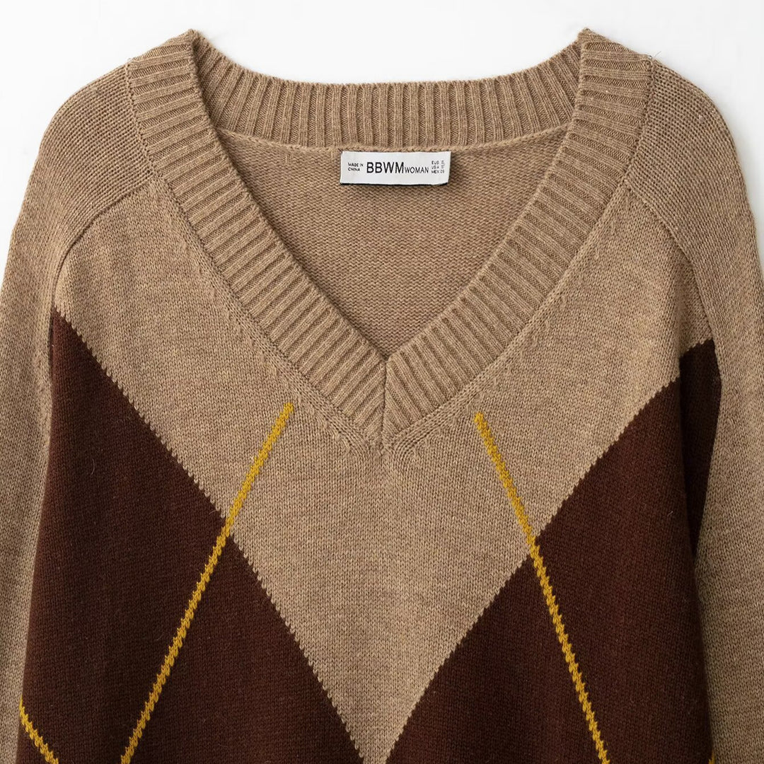 Damen Oversize V‑Ausschnitt Pullover mit Rautenmuster und Rippenbündchen Shop Nory