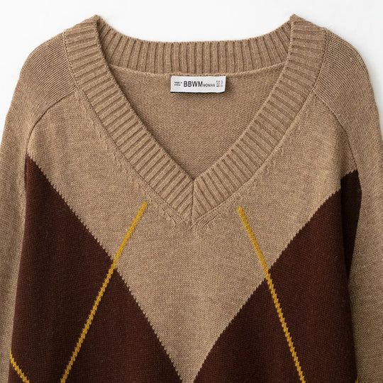 Damen Oversize V‑Ausschnitt Pullover mit Rautenmuster und Rippenbündchen Shop Nory