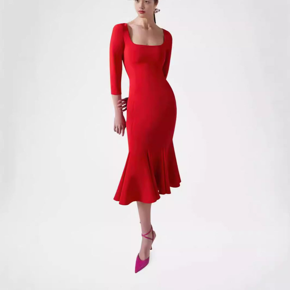 Damen Figurbetontes Midikleid mit quadratischem Ausschnitt und Meerjungfrauen-Saum Shop Nory