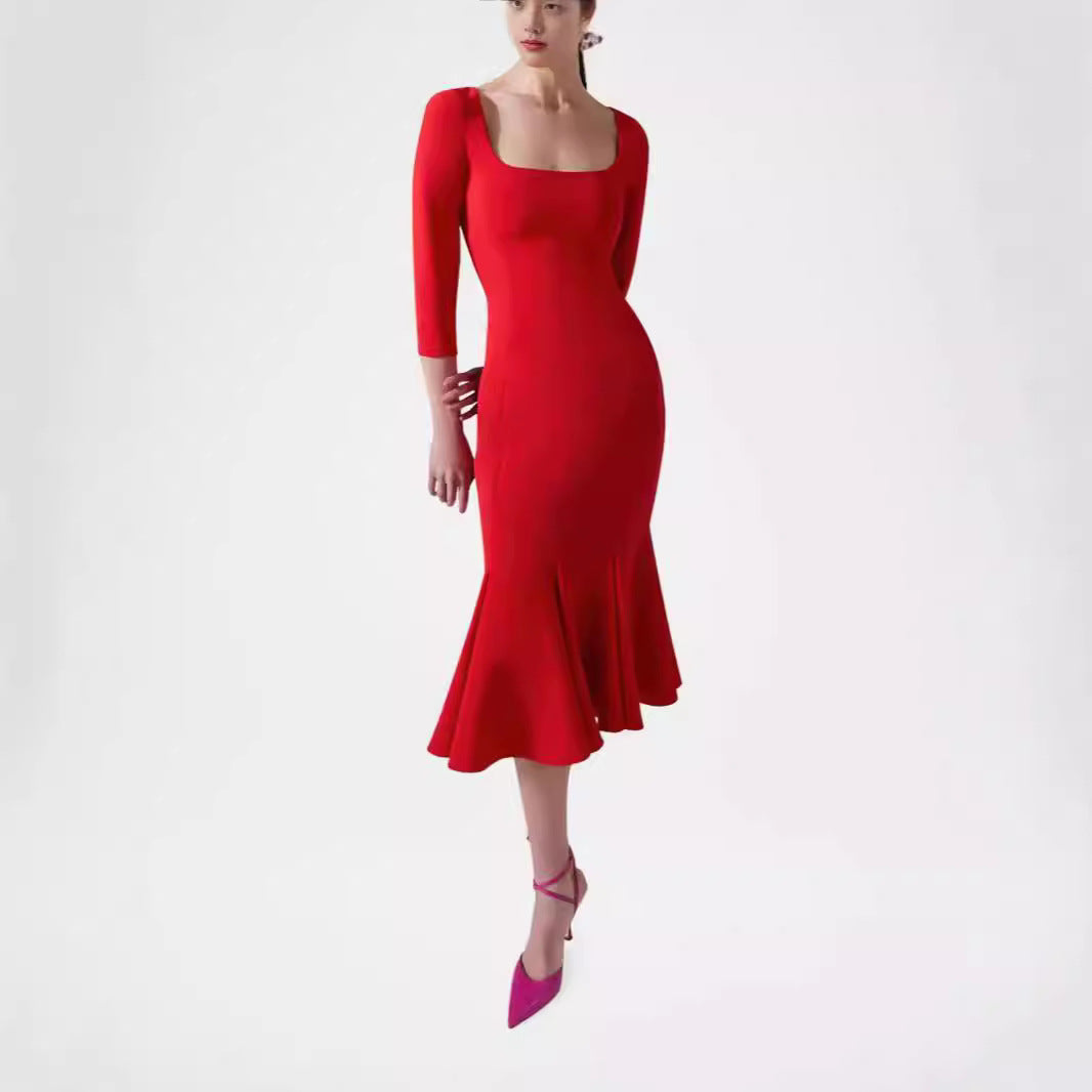 Damen Figurbetontes Midikleid mit quadratischem Ausschnitt und Meerjungfrauen-Saum Shop Nory
