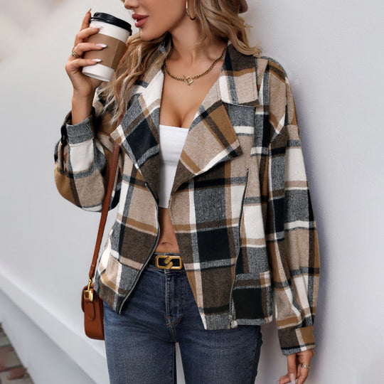 Damen Oversize-Karo-Shacket mit Reverskragen, Reißverschluss & aufgesetzten Taschen Shop Nory