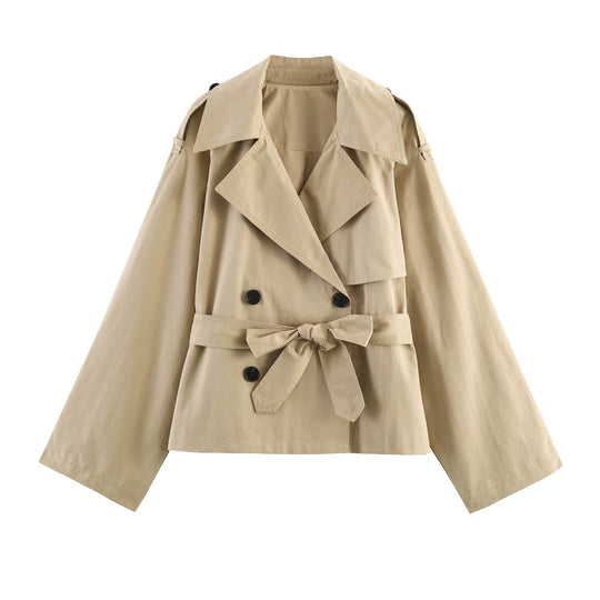 Damen Kurzcape-Trench mit doppelter Knopfreihe, weitem Cape-Ärmel und Taillenbindegürtel Shop Nory