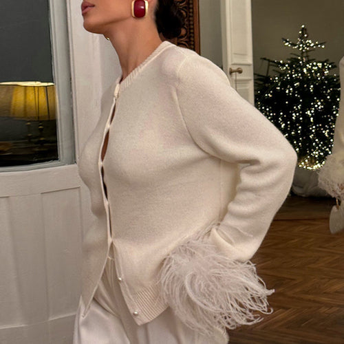 Damen Perlenknopf-Cardigan mit Kunstfeder-Bündchen Shop Nory