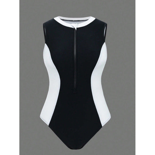 Damen Sportlicher One-Piece Badeanzug mit Reißverschluss und Farbakzenten