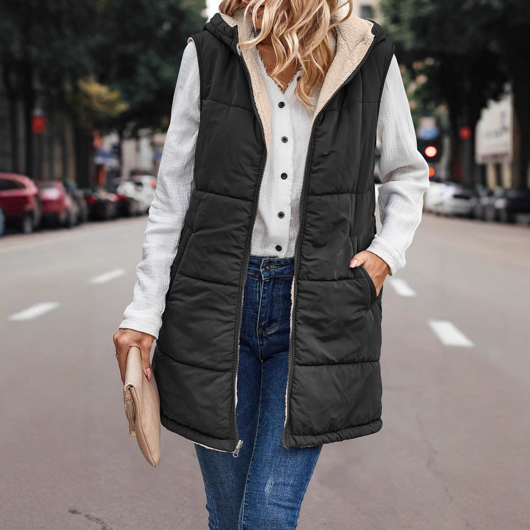 Damen Lange Steppweste mit Kapuze und Teddyfutter Shop Nory