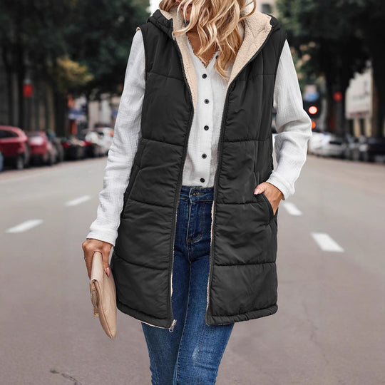 Damen Lange Steppweste mit Kapuze und Teddyfutter Shop Nory
