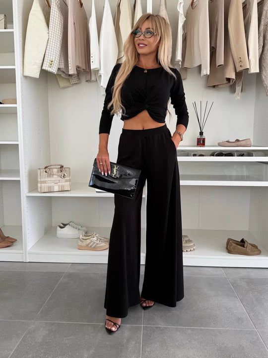 Damen figurnahes Twist-Cropped-Shirt mit weitem High-Waist Palazzo-Hose aus fließendem Jersey Shop Nory