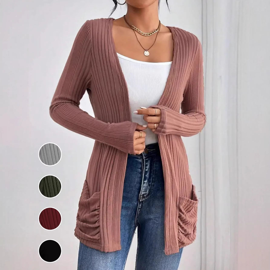 Damen Gerippter Langcardigan mit offener Front, Eingrifftaschen und legerer Passform Shop Nory