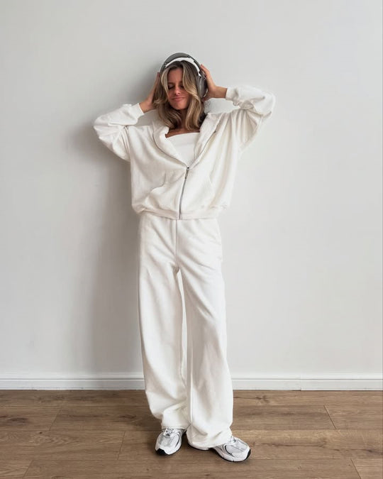 Damen Baumwoll-Fleece Lounge-Set mit Oversize-Zip-Hoodie und Palazzo-Sweatpants Shop Nory
