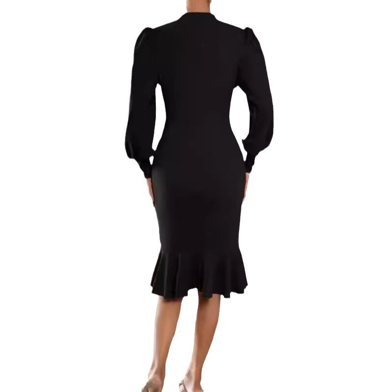 Damen nan tailliertes Pencil-Midikleid mit Stehkragen, ballonärmeln und Glockenvolant Shop Nory