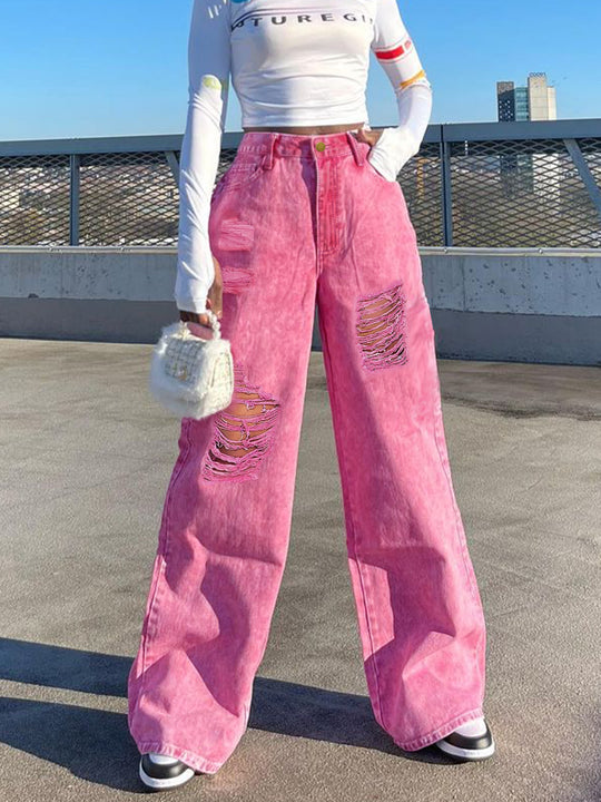 Damen Hochtaillierte weite Denim‑Palazzo‑Hose mit auffälligen Ripped‑Einsätzen Shop Nory