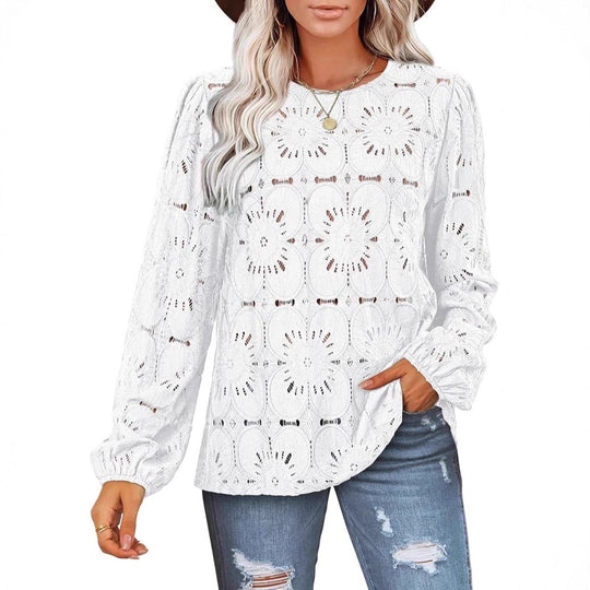 Damen Spitzenbluse mit floraler Häkelstickerei, Rundhals und langen Ballonärmeln Shop Nory