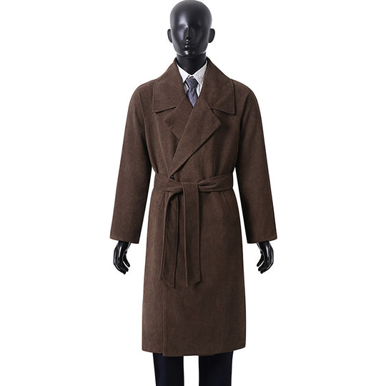 Herren Langer Wollmantel mit Bindegürtel und breitem Revers Shop Nory