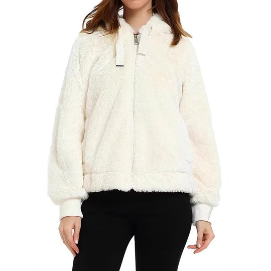 Damen Kapuzen‑Teddyjacke aus weichem Faux‑Fur mit Reißverschluss und Rippbündchen Shop Nory