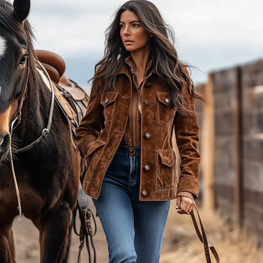 Damen Kurzjacke im Ranch‑Worker‑Look aus Wildlederoptik mit Pattentaschen und sichtbarer Knopfleiste Shop Nory