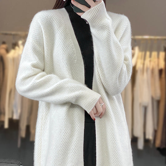 Damen Langer Offener Strickcardigan mit Samenmuster und gerippten Abschlüssen Shop Nory