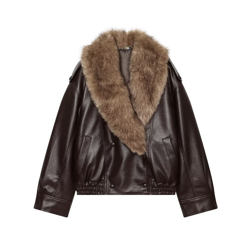 Damen Kurz geschnittene Lederjacke mit vollem Pelzkragen und elastischem Saum Shop Nory