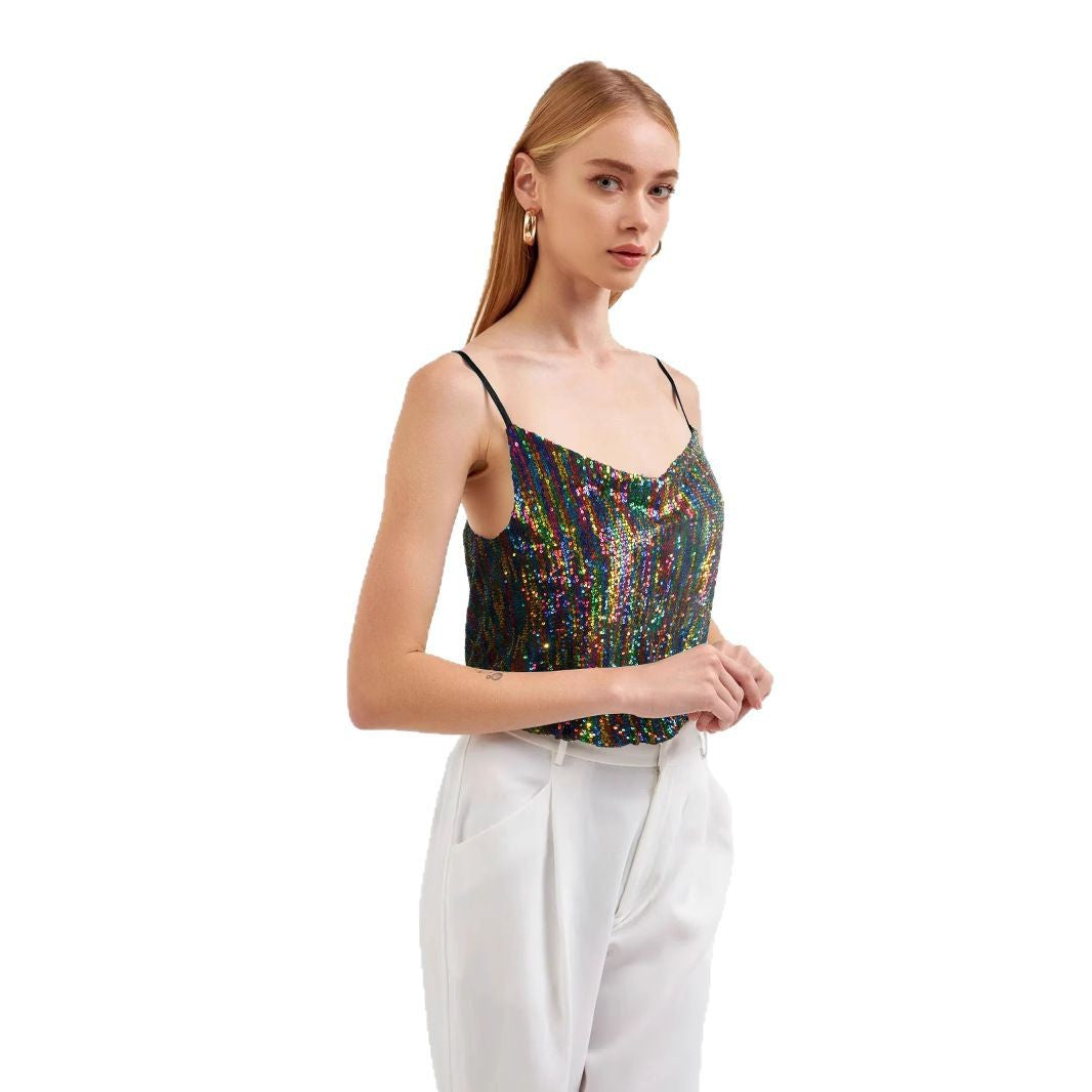 Damen Glitzerndes Spaghettiträgershirt mit V-Ausschnitt