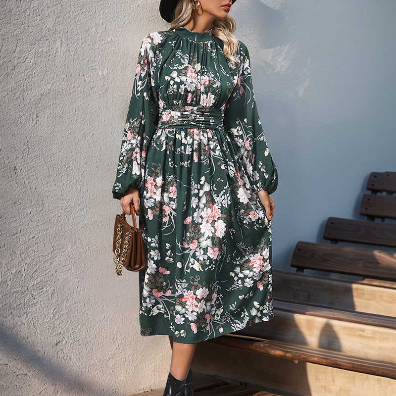 Damen Midikleid mit floralem Alloverprint, Stehkragen und Drapiertem Taillengürtel Shop Nory
