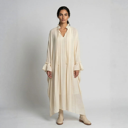 Damen Maxikleid im Kaftan-Stil mit Rüschenkragen, Bindebändern und voluminösen Ärmeln Shop Nory