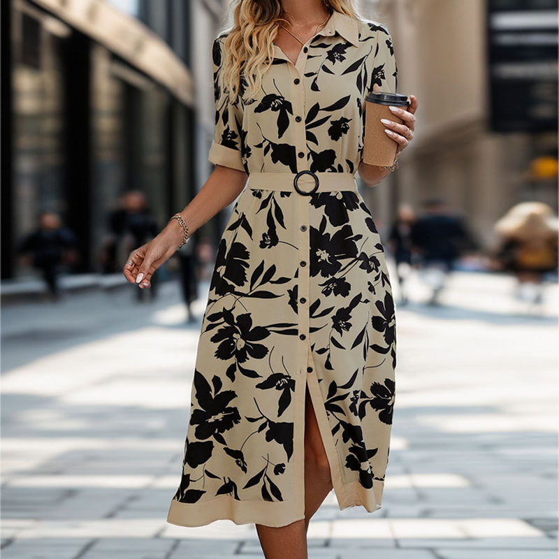 Damen Tailliertes Blusenkleid mit Taillengürtel, Frontknopfleiste und Frontschlitz Shop Nory