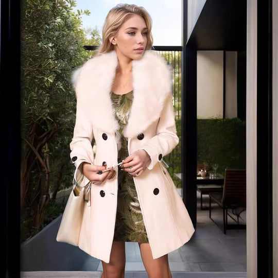 Damen Midi-doppelreihiger Mantel mit vollem Kunstfell‑Schalkragen und Wickelgürtel Shop Nory