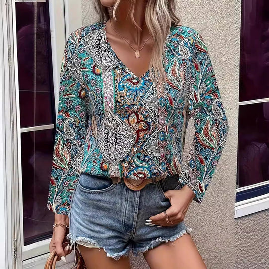 Damen Elegante Bluse mit auffälligem Paisleymuster und V-Ausschnitt