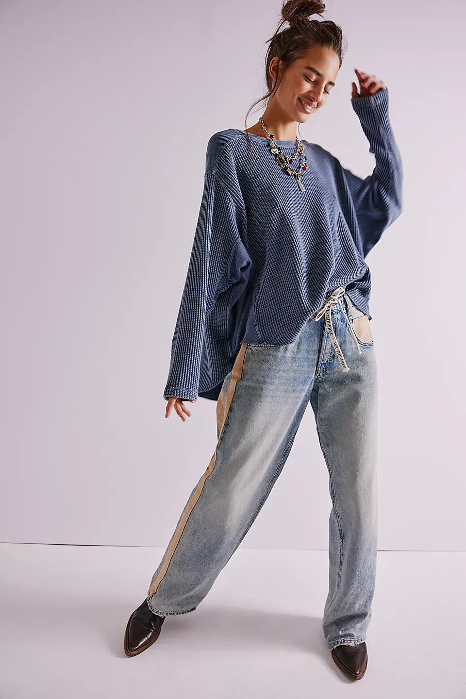 Damen Oversized Waffelstrick-Pullover mit weitem Schnitt und tiefem Raglan Shop Nory