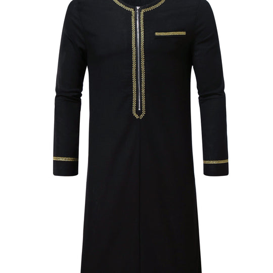 Herren Elegante Langtunika mit Rundhalsausschnitt, Frontreißverschluss und goldener Zierstickerei Shop Nory