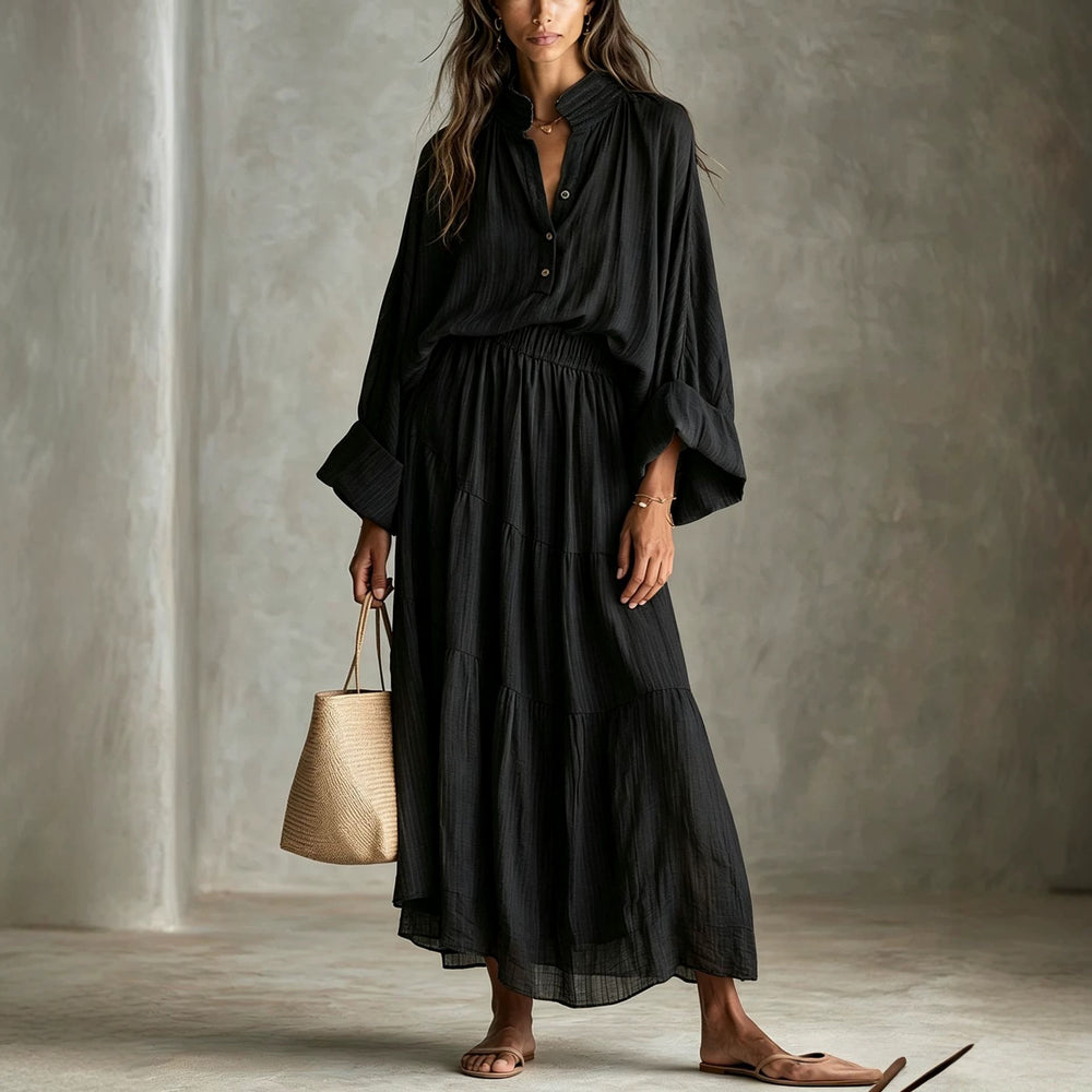 Damen Maxikleid mit geraffter Taille, Stehkragen und voluminösen Ballonärmeln Shop Nory