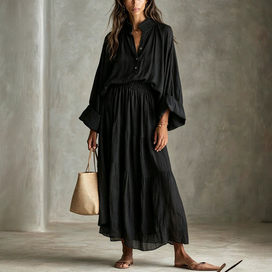 Damen Maxikleid mit geraffter Taille, Stehkragen und voluminösen Ballonärmeln Shop Nory