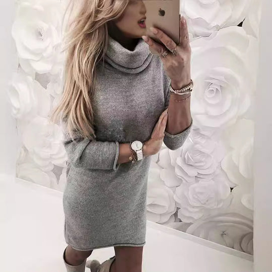 Damen Gemütliches Rollkragen Mini Kleid aus Feinstrick mit Geradem Schnitt Shop Nory