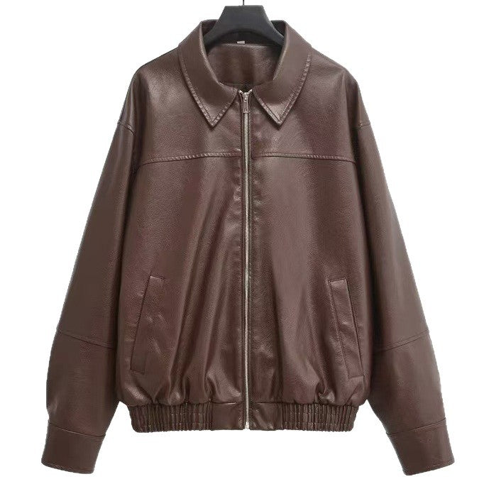 Damen nan oversized Lederjacke im Bomberstil mit Hemdkragen, durchgehendem Reißverschluss und lässiger Silhouette Shop Nory