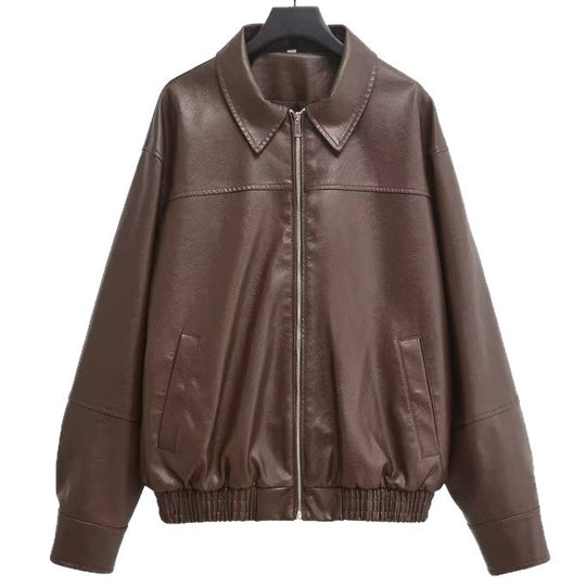 Damen nan oversized Lederjacke im Bomberstil mit Hemdkragen, durchgehendem Reißverschluss und lässiger Silhouette Shop Nory